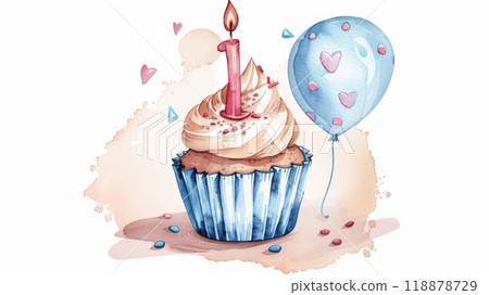birthday cupcake in watercolor design illustration 118878729