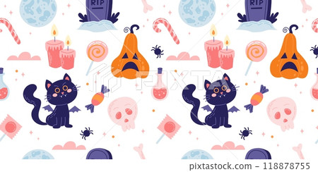 Halloween seamless pattern with cute black cats and pumpkins. Vector illustration in flat style 118878755