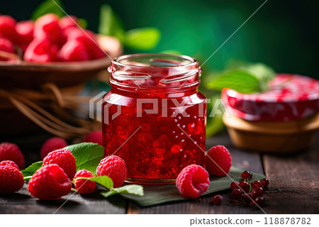 Vibrant Red Raspberry Jam in a Jar Vibrant Red Raspberry Jam in a Jar 118878782