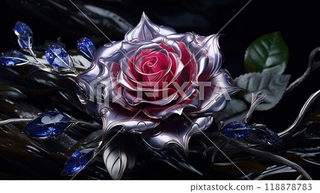 a rose, crafted from steel and adorned with rubies. a rose, crafted from steel and adorned with rubies. 118878783