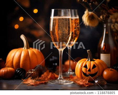 Halloween pumpkins and champagne 118878805