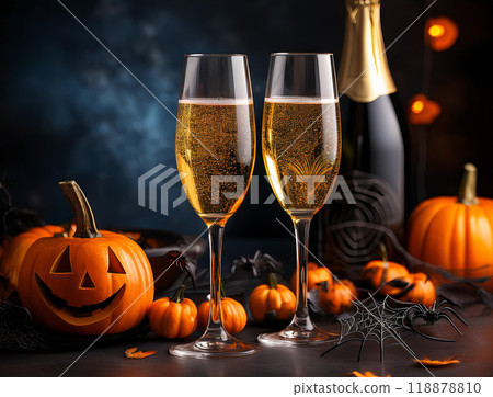 Halloween pumpkins and champagne 118878810
