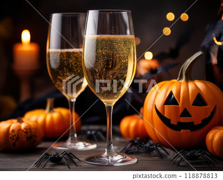 Halloween pumpkins and champagne 118878813