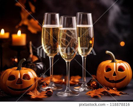 Halloween pumpkins and champagne 118878816