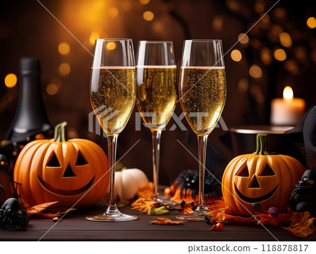 Halloween pumpkins and champagne Halloween pumpkins and champagne 118878817