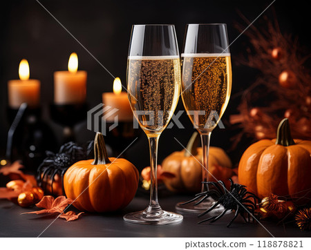 Halloween pumpkins and champagne 118878821