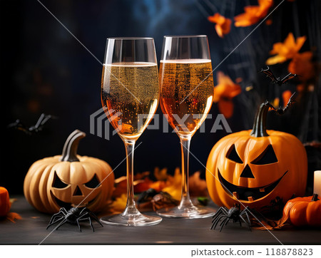 Halloween pumpkins and champagne 118878823