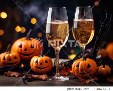 Halloween pumpkins and champagne 118878824