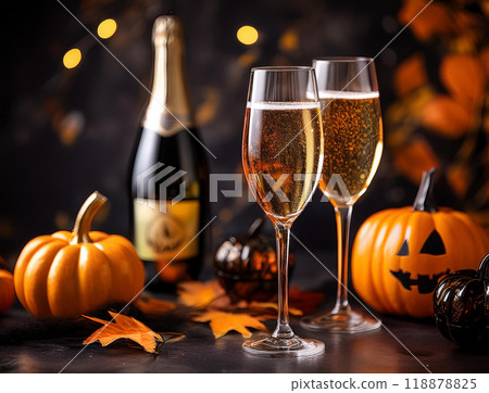 Halloween pumpkins and champagne Halloween pumpkins and champagne 118878825