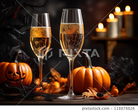 Halloween pumpkins and champagne Halloween pumpkins and champagne 118878826