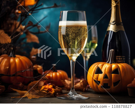 Halloween pumpkins and champagne 118878827