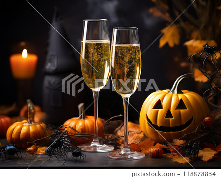 Halloween pumpkins and champagne Halloween pumpkins and champagne 118878834