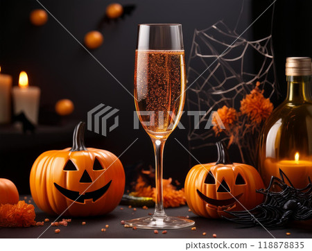 Halloween pumpkins and champagne 118878835