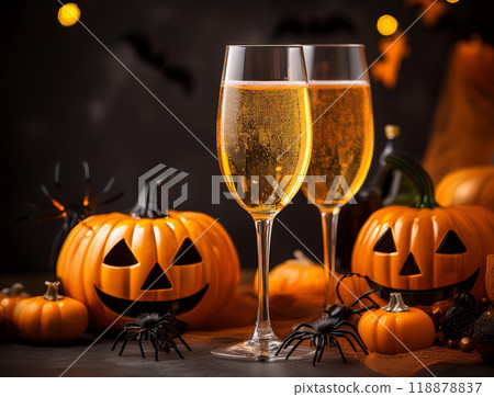 Halloween pumpkins and champagne 118878837