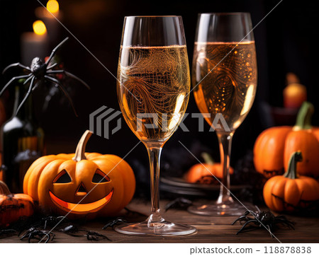 Halloween pumpkins and champagne 118878838