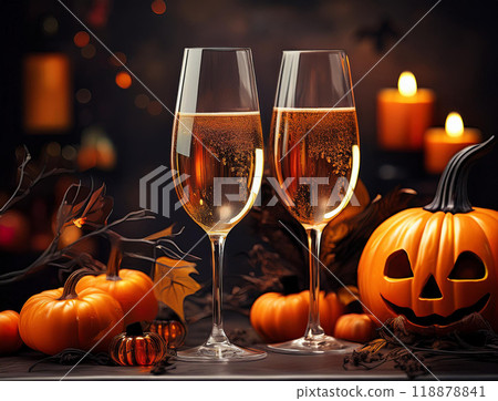 Halloween pumpkins and champagne 118878841