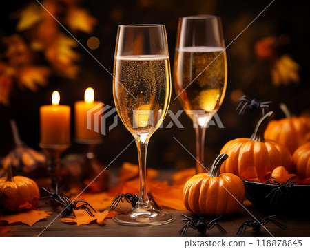 Halloween pumpkins and champagne 118878845