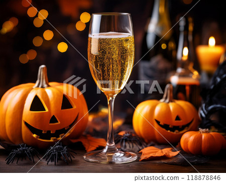 Halloween pumpkins and champagne 118878846