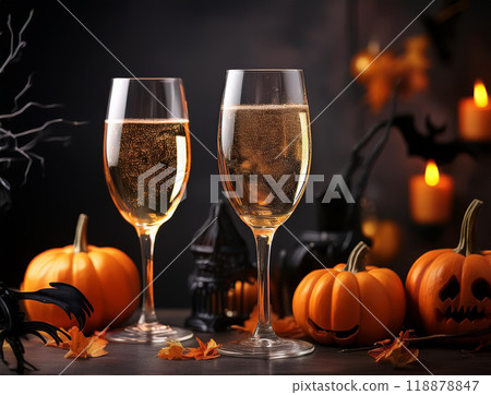 Halloween pumpkins and champagne 118878847