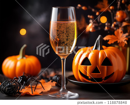 Halloween pumpkins and champagne 118878848