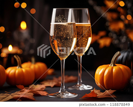 Halloween pumpkins and champagne 118878849