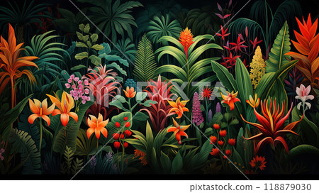 Tropical forest, full of life and bright colors. A tall palm tree with spreading leaves, which seems to be pointing towards the sun. 118879030