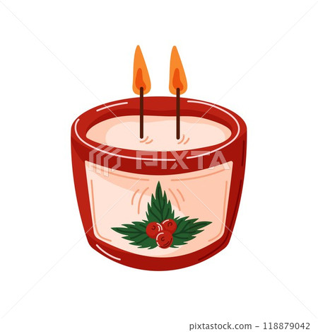 Aroma candle with red Christmas berries in a candlestick cartoon style. Calm and cozy atmosphere. Scented candles in jar. Design for poster, banner, postcard, sticker. Isolated on a white background. 118879042