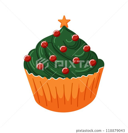 Festive cupcake decorated like a Christmas tree with green frosting, red ball and a star on top. Perfect for holiday themed design, card, and bakery promotions. Cartoon style. 118879043
