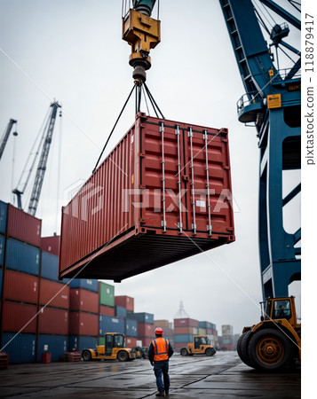 cargo container is being lifted by a crane in the shipping dock 118879417