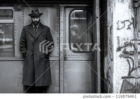 A solitary figure dressed in a long coat and hat waits by a graffiti covered subway train in an urban setting 118879461