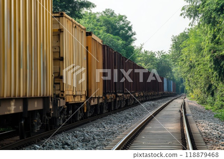 Freight train travels along a winding railway track surrounded by vibrant greenery during daylight hours in a rural area 118879468