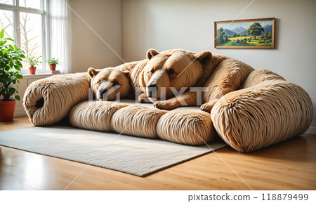 A large, fluffy brown bear-shaped sofa stands in the living room, lit by the afternoon sun. 118879499