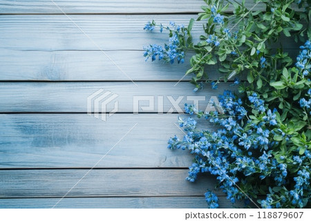 A vibrant display of blue flowers against a rustic wooden background in a tranquil setting 118879607