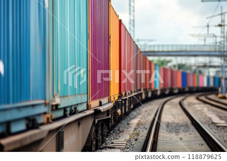 Colorful shipping containers line the railway tracks at a bustling freight terminal on a cloudy day 118879625