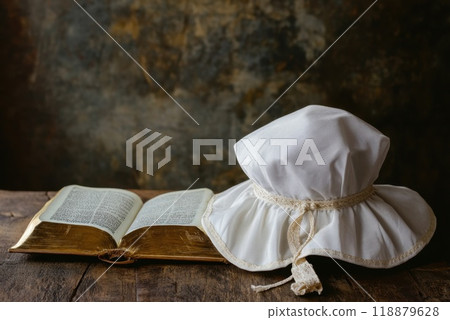 A vintage white bonnet resting beside a gilded book on a rustic wooden table in soft natural light A vintage white bonnet resting beside a gilded book on a rustic wooden table in soft natural light 118879628