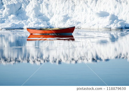 A solitary orange boat floating calmly on a still lake surrounded by majestic snow covered mountains during a clear winter day 118879630