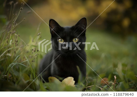 A black cat with striking yellow eyes relaxes in the green grass during a sunny autumn afternoon 118879640