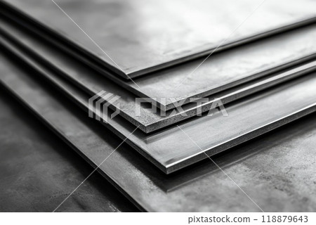 Stacked steel sheets resting on a workbench showcasing their smooth and polished surfaces during daylight Stacked steel sheets resting on a workbench showcasing their smooth and polished surfaces during daylight 118879643