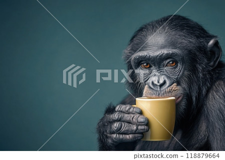 A young chimpanzee sipping from a yellow cup against a solid blue background in a close up portrait 118879664