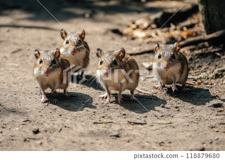 A group of four small rodents exploring a forest path during daylight hours 118879680