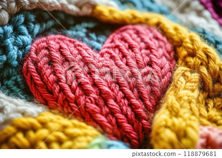 Colorful knitted heart design on a cozy blanket showcasing intricate patterns and vibrant yarn textures 118879681