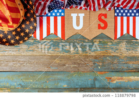 Inscription of US on holiday banner is symbolic of America Inscription of US on holiday banner is symbolic of America 118879798
