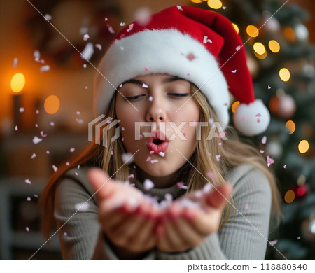 Beautiful woman blowing confetti celebrating christmas at home 118880340