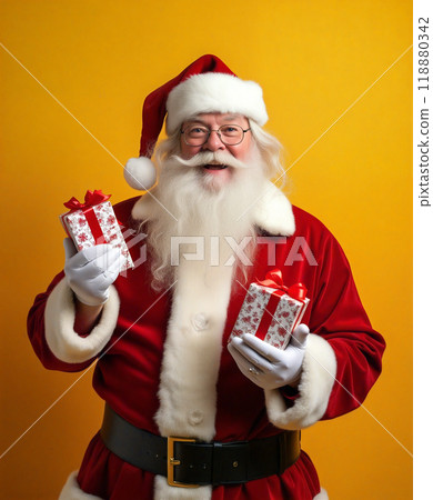 Happy santa claus holding christmas presents on yellow background 118880342