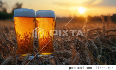 Two glasses of beer sitting in a golden wheat field during a vibrant sunset 118880502