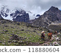Traditional woman and horse on a hiking trail at Ausangate mountain, Cusco, Peru 118880604