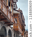 Traditional wooden balconies in the main squaire of Cusco, Peru 118880609