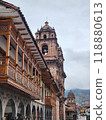 Traditional wooden balconies in the main squaire of Cusco, Peru 118880613