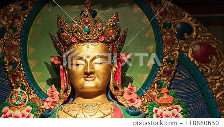 Buddha. Gompas Are Buddhist Altars Or Monasteries Located In Himalayan Region. Altar Represents Triratna -three Jewels-, Buddha, Dharma -discussions And Teachings Of Buddha- And Sangha -monastery- 118880630