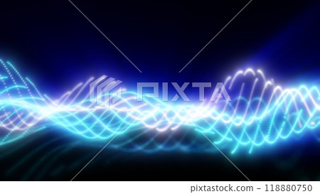 Abstract waves of glowing particles in vibrant blue creating a dynamic and fluid digital landscape against a dark background Abstract waves of glowing particles in vibrant blue creating a dynamic and fluid digital landscape against a dark background 118880750